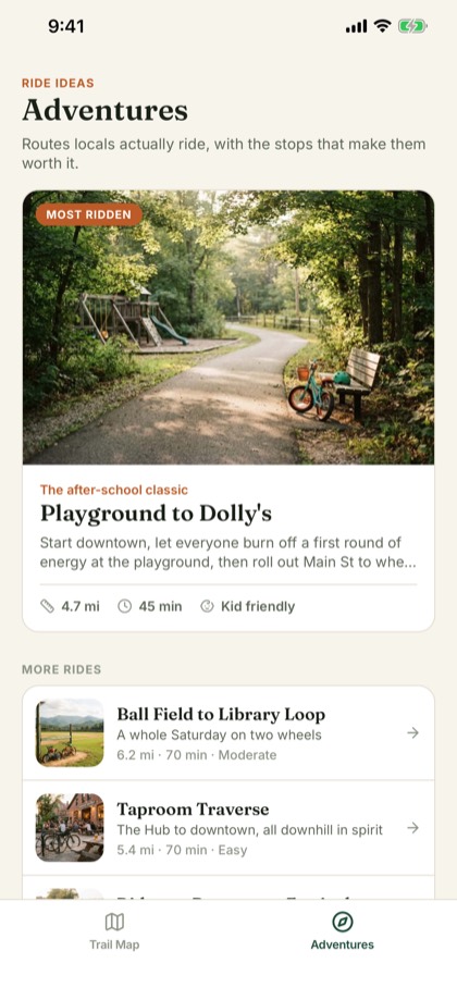 Adventures tab listing curated rides