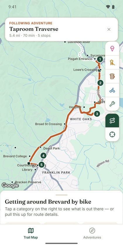 Android build following the Taproom Traverse ride, with five numbered stops drawn on the map