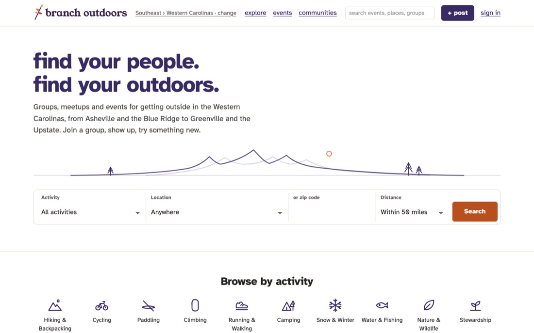 branch outdoors on desktop: find your people, find your outdoors, with activity, location and distance search