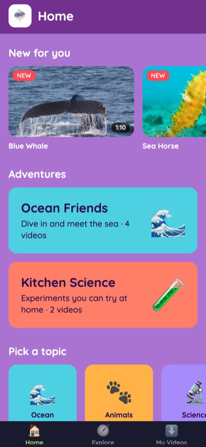 Turnip Learning home screen with new videos, adventures and topics